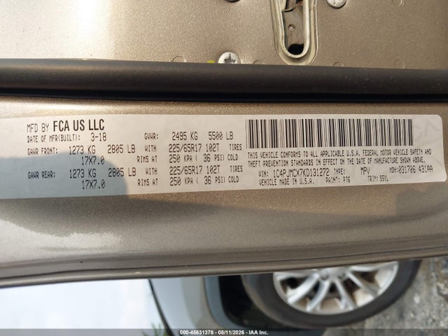 45831378 :رقم المزاد ، 1C4PJMCX7KD131272 vin ، 2019 Jeep Cherokee Latitude 4x4 مزاد بيع