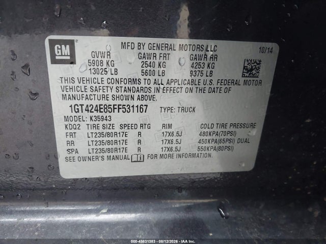45831383 :رقم المزاد ، 1GT424E85FF531167 vin ، 2015 Gmc Sierra 3500hd Available Wifi Denali مزاد بيع