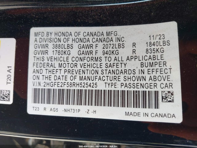 2HGFE2F58RH525425 Honda Civic Sport