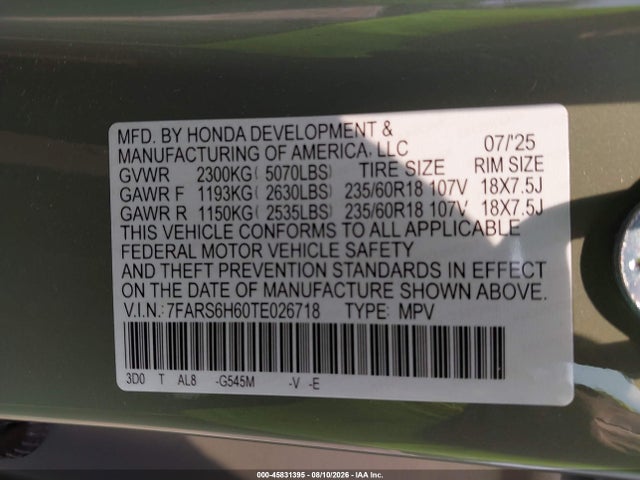 2026 Honda Cr-v Hybrid Awd Trailsport მანქანა იყიდება აუქციონზე, vin: 7FARS6H60TE026718, აუქციონის ნომერი: 45831395
