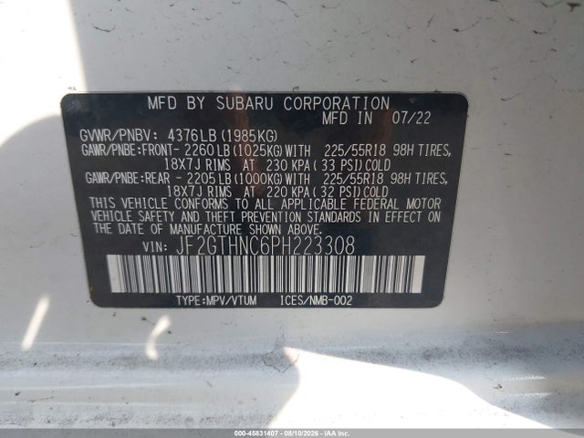 Aukcja sprzedaży 2023 Subaru Crosstrek Limited, vin: JF2GTHNC6PH223308, numer aukcji: 45831407