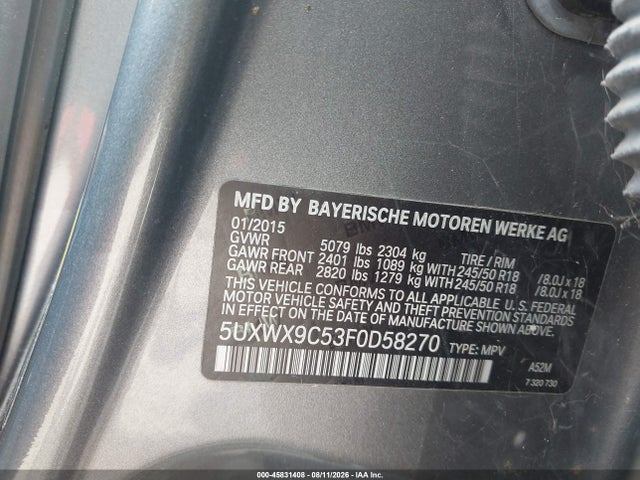 Aukcja sprzedaży 2015 Bmw X3 Xdrive28i, vin: 5UXWX9C53F0D58270, numer aukcji: 45831408