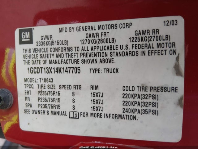 45831409 :رقم المزاد ، 1GCDT13X14K147705 vin ، 2004 Chevrolet S-10 Ls مزاد بيع