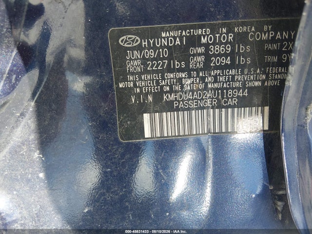 Продажа на аукционе авто 2010 Hyundai Elantra Gls, vin: KMHDU4AD2AU118944, номер лота: 45831433