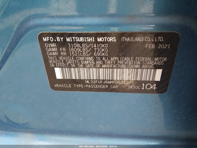 45831442 :رقم المزاد ، ML32FUFJ6MHF06332 vin ، 2021 Mitsubishi Mirage G4 Carbonite Edition/es/le مزاد بيع