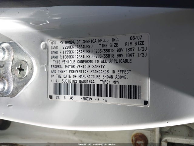 2008 Acura Rdx მანქანა იყიდება აუქციონზე, vin: 5J8TB18218A001944, აუქციონის ნომერი: 45831452