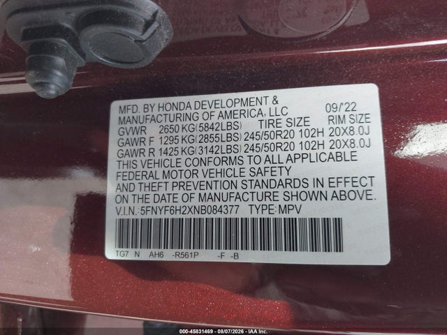 Продаж на аукціоні авто 2022 Honda Pilot Awd Special Edition, vin: 5FNYF6H2XNB084377, номер лоту: 45831469