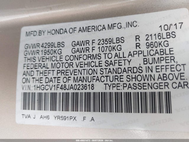 Honda ACCORD EX 2018 1HGCV1F48JA023618 Image 9