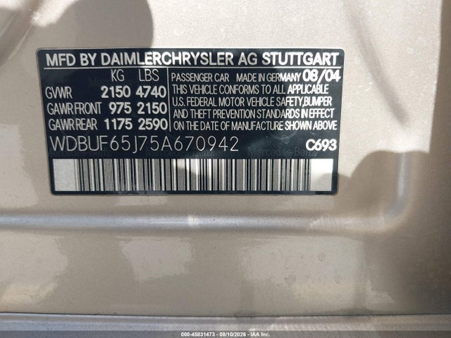 Aukcja sprzedaży 2005 Mercedes-benz E 320, vin: WDBUF65J75A670942, numer aukcji: 45831473
