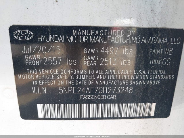 Aukcja sprzedaży 2016 Hyundai Sonata Se, vin: 5NPE24AF7GH273248, numer aukcji: 45831476