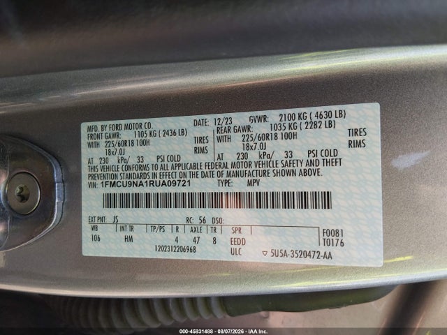 45831488 :رقم المزاد ، 1FMCU9NA1RUA09721 vin ، 2024 Ford Escape St-line Select مزاد بيع