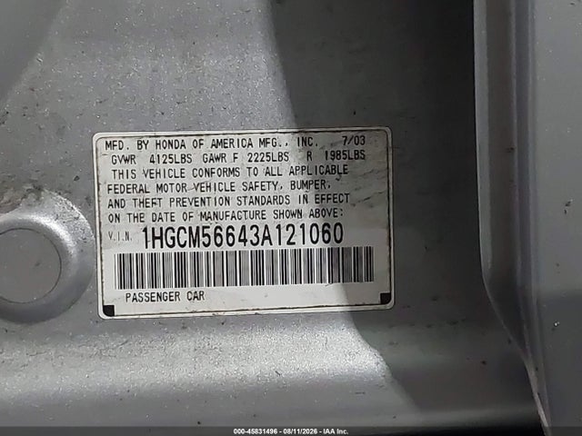 Продажа на аукционе авто 2003 Honda Accord 2.4 Ex, vin: 1HGCM56643A121060, номер лота: 45831496
