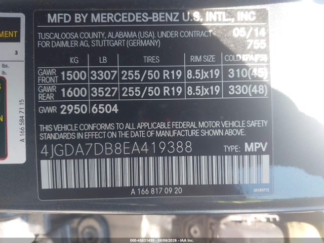 Aukcja sprzedaży 2014 Mercedes-benz Ml 550 4matic, vin: 4JGDA7DB8EA419388, numer aukcji: 45831499