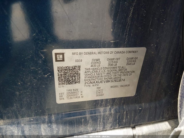 Aukcja sprzedaży 2019 Chevrolet Equinox Lt, vin: 2GNAXUEV8K6261874, numer aukcji: 45831501