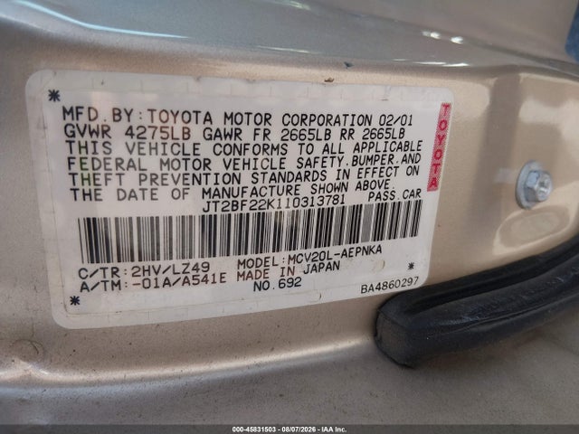 45831503 :رقم المزاد ، JT2BF22K110313781 vin ، 2001 Toyota Camry Le V6 مزاد بيع