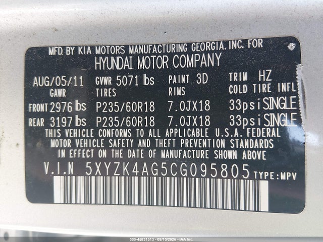 45831513 :رقم المزاد ، 5XYZK4AG5CG095805 vin ، 2012 Hyundai Santa Fe Limited V6 مزاد بيع