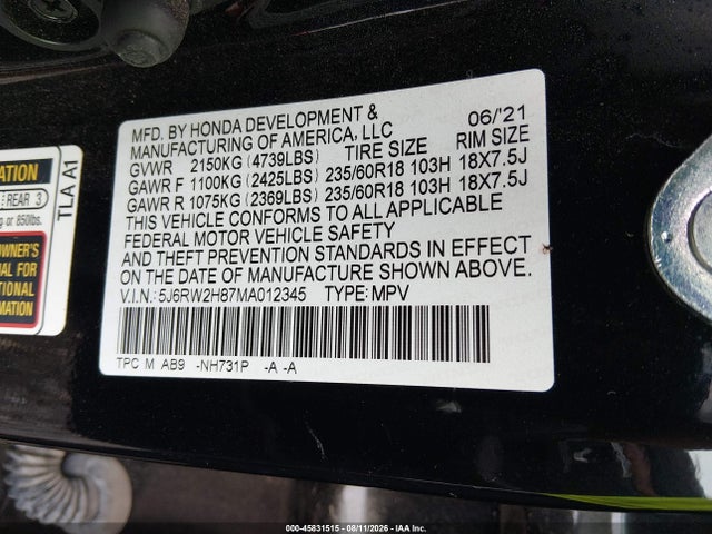 Продажа на аукционе авто 2021 Honda Cr-v Awd Ex-l, vin: 5J6RW2H87MA012345, номер лота: 45831515