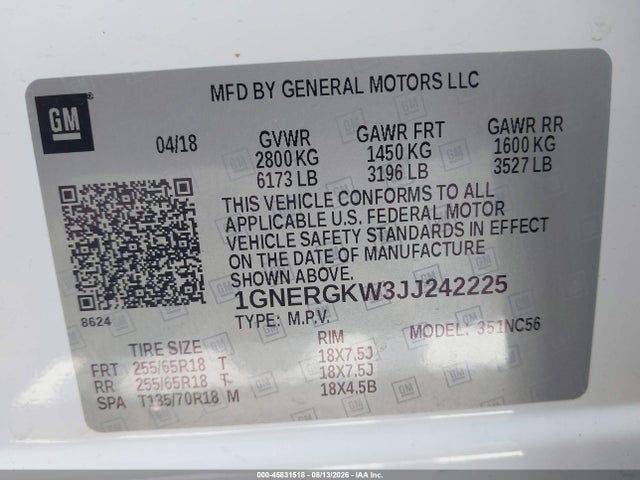 1GNERGKW3JJ242225 Chevrolet Traverse Lt Cloth