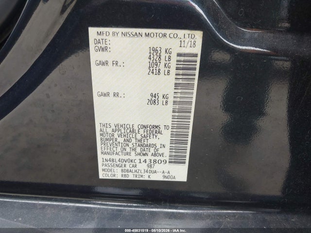 45831519 :رقم المزاد ، 1N4BL4DV0KC143809 vin ، 2019 Nissan Altima 2.5 Sv مزاد بيع