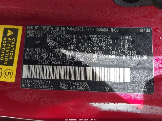 2010 Lexus Rx 350 მანქანა იყიდება აუქციონზე, vin: 2T2ZK1BA5AC012418, აუქციონის ნომერი: 45831557