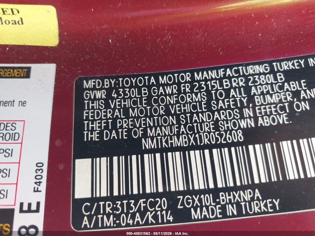 Aukcja sprzedaży 2018 Toyota C-hr Xle Premium, vin: NMTKHMBX1JR052608, numer aukcji: 45831562