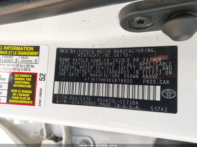 Aukcja sprzedaży 2019 Toyota Camry Se, vin: 4T1B11HKXKU818800, numer aukcji: 45831565