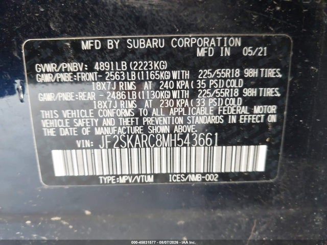 45831577 :رقم المزاد ، JF2SKARC8MH543661 vin ، 2021 Subaru Forester Sport مزاد بيع
