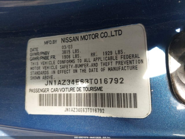 2003 Nissan 350z Touring მანქანა იყიდება აუქციონზე, vin: JN1AZ34E63T016792, აუქციონის ნომერი: 45831578