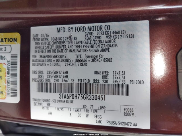 Ford FUSION SE 2016 3FA6P0H75GR330451 Image 9