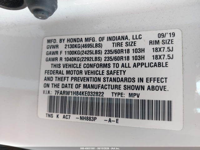 7FARW1H84KE032822 Honda Cr-v Ex-l