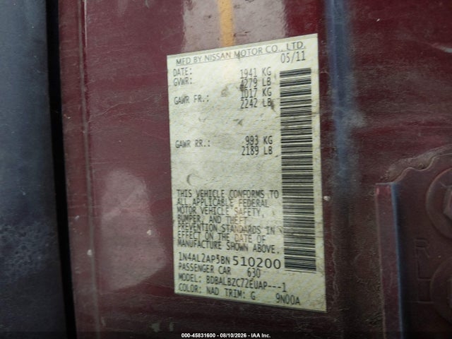 2011 Nissan Altima 2.5 S მანქანა იყიდება აუქციონზე, vin: 1N4AL2AP5BN510200, აუქციონის ნომერი: 45831600