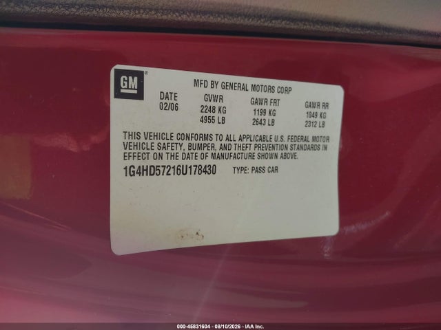 45831604 :رقم المزاد ، 1G4HD57216U178430 vin ، 2006 Buick Lucerne Cxl مزاد بيع