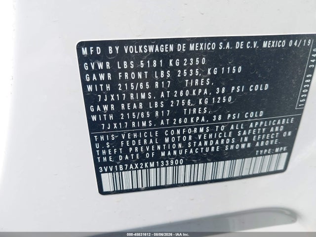 Aukcja sprzedaży 2019 Volkswagen Tiguan 2.0t S, vin: 3VV1B7AX2KM133900, numer aukcji: 45831612