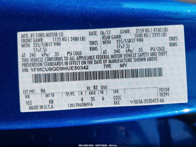 Ford ESCAPE SE 2017 1FMCU9GD9HUE50342 Image 9