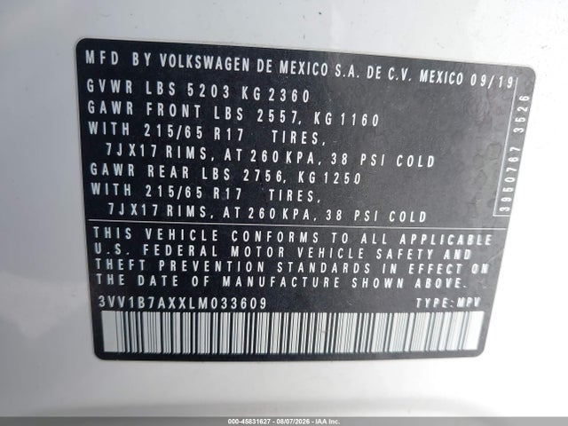 Aukcja sprzedaży 2020 Volkswagen Tiguan 2.0t S, vin: 3VV1B7AXXLM033609, numer aukcji: 45831627