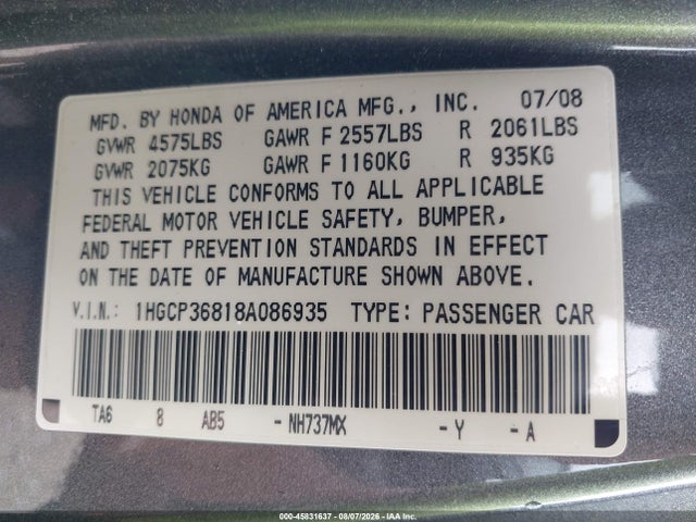 45831637 :رقم المزاد ، 1HGCP36818A086935 vin ، 2008 Honda Accord 3.5 Ex-l مزاد بيع