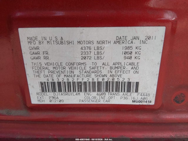 Aukcja sprzedaży 2011 Mitsubishi Galant Fe, vin: 4A32B2FF2BE020523, numer aukcji: 45831640