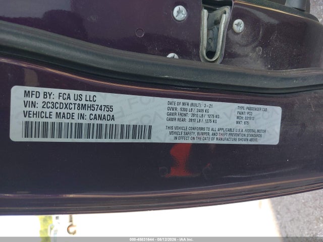 2021 Dodge Charger R/t Rwd მანქანა იყიდება აუქციონზე, vin: 2C3CDXCT8MH574755, აუქციონის ნომერი: 45831644