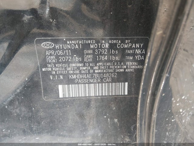 Aukcja sprzedaży 2011 Hyundai Elantra Limited (ulsan Plant), vin: KMHDH4AE7BU148262, numer aukcji: 45831647
