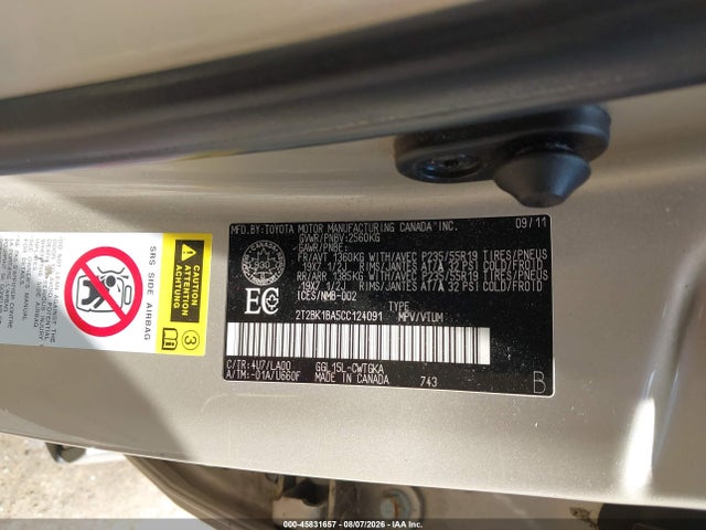 45831657 :رقم المزاد ، 2T2BK1BA5CC124091 vin ، 2012 Lexus Rx 350 مزاد بيع