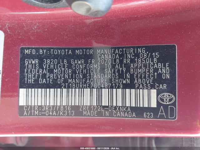 45831660 :رقم المزاد ، 2T1BURHE7GC487179 vin ، 2016 Toyota Corolla Le مزاد بيع
