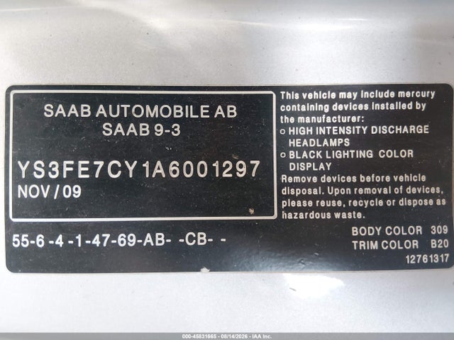 45831665 :رقم المزاد ، YS3FE7CY1A6001297 vin ، 2010 Saab 9-3 مزاد بيع