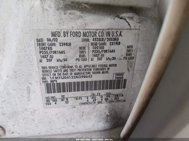 45831666 :رقم المزاد ، 1FMYU04152KD98643 vin ، 2002 Ford Escape Xlt مزاد بيع