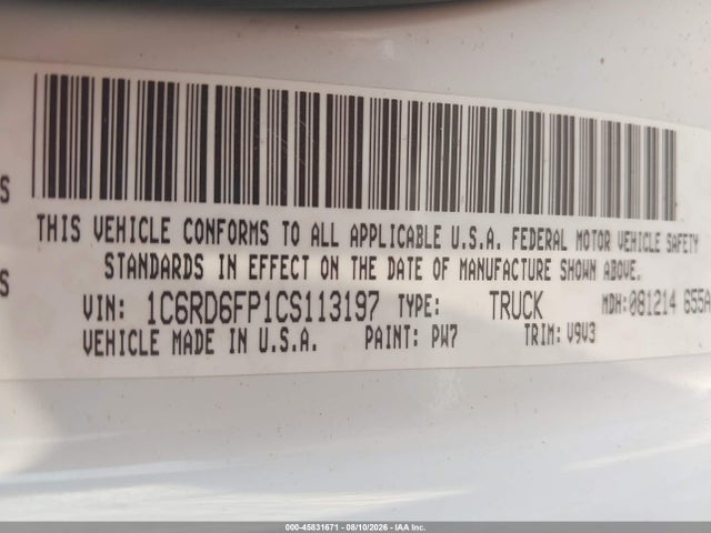 45831671 :رقم المزاد ، 1C6RD6FP1CS113197 vin ، 2012 Ram 1500 St مزاد بيع
