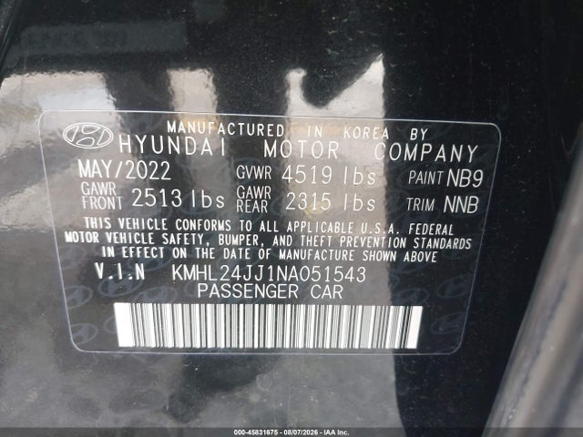 Продажа на аукционе авто 2022 Hyundai Sonata Hybrid Blue, vin: KMHL24JJ1NA051543, номер лота: 45831675