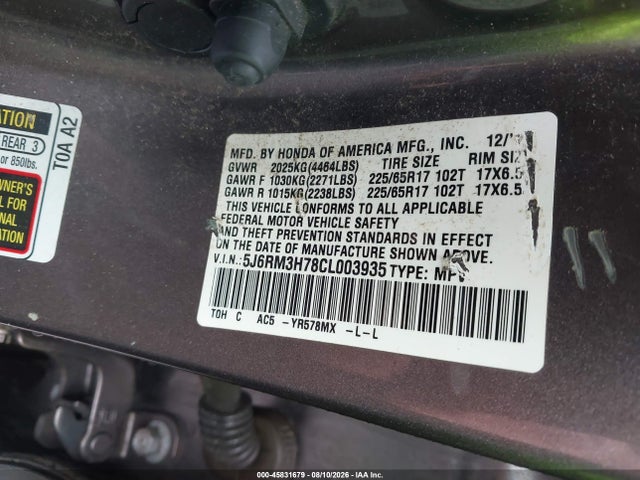 Продаж на аукціоні авто 2012 Honda Cr-v Ex-l, vin: 5J6RM3H78CL003935, номер лоту: 45831679