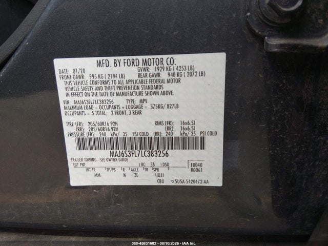 Aukcja sprzedaży 2020 Ford Ecosport S, vin: MAJ6S3FL7LC383256, numer aukcji: 45831682