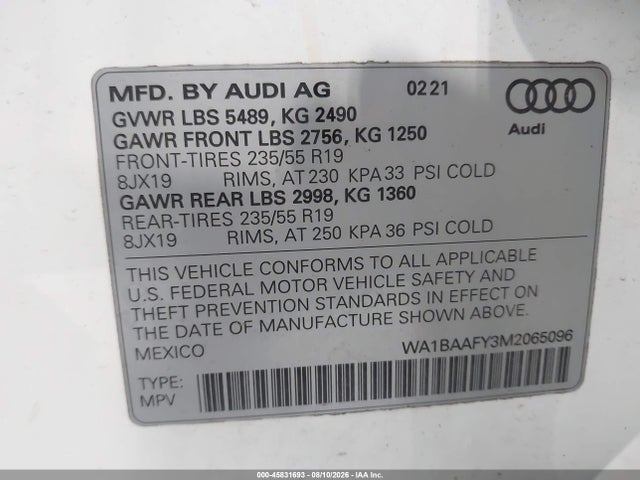 Aukcja sprzedaży 2021 Audi Q5 Premium Plus 45 Tfsi Quattro S Tronic, vin: WA1BAAFY3M2065096, numer aukcji: 45831693