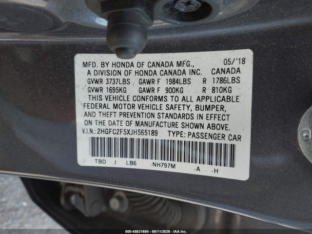 Honda Civic Lx 2018 2HGFC2F5XJH565189 Image 9