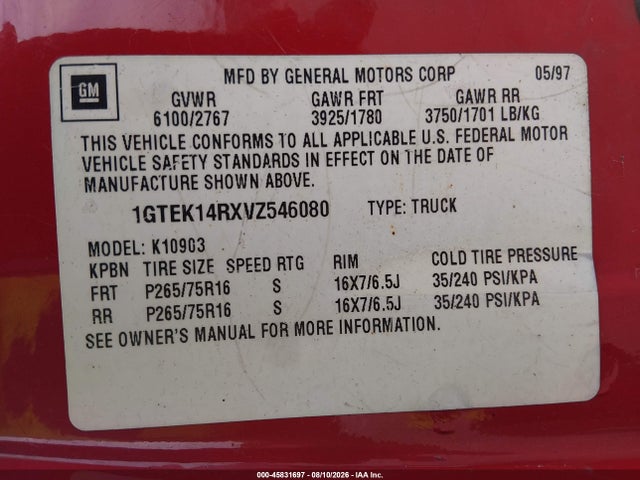 Aukcja sprzedaży 1997 Gmc Sierra 1500 Sl Wideside, vin: 1GTEK14RXVZ546080, numer aukcji: 45831697